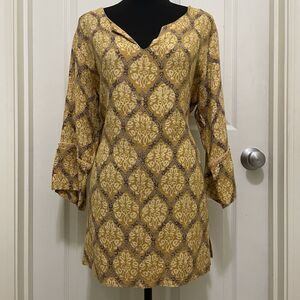 White Rice Tunic Top 100% Rayon 3/4 Sleeve Split Neck Mustard Yellow Damask Sz 6